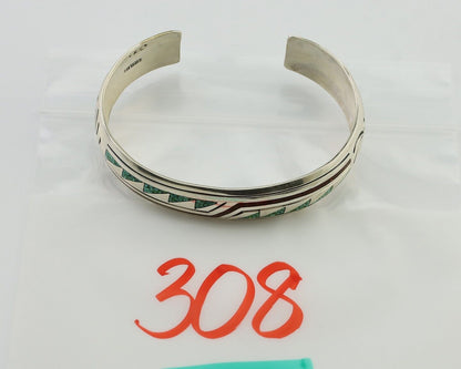 Navajo Inlay Bracelet 925 Silver Turquoise & Coral Signed Stanely Bain C.80's