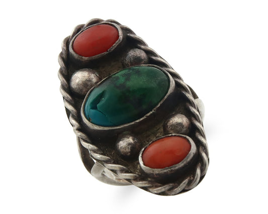 Vintage Navajo Ring 925 Silver Traditional Authentic Coral & Turquoise