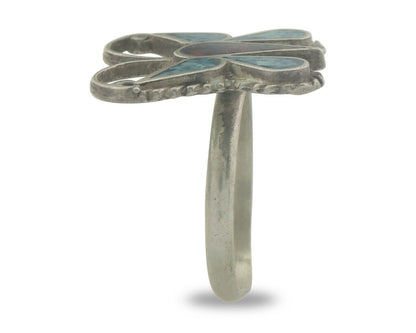 Navajo Ring 925 Silver Inlaid Butterfly Turquoise & Coral C.80's Size 5.0