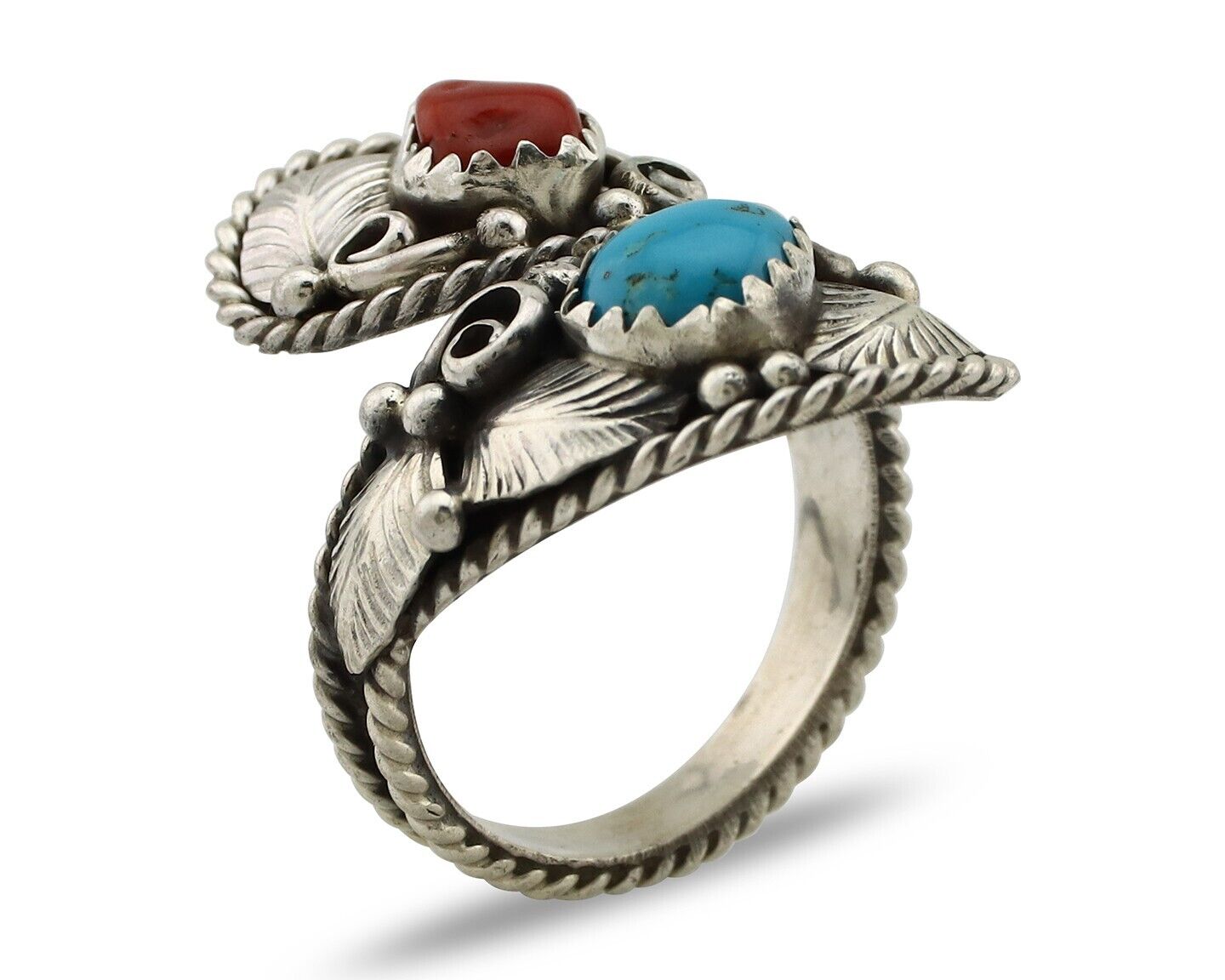 Navajo Adjustable Ring 925 Silver Turquoise & Coral Artist Signed Gecko C.80's