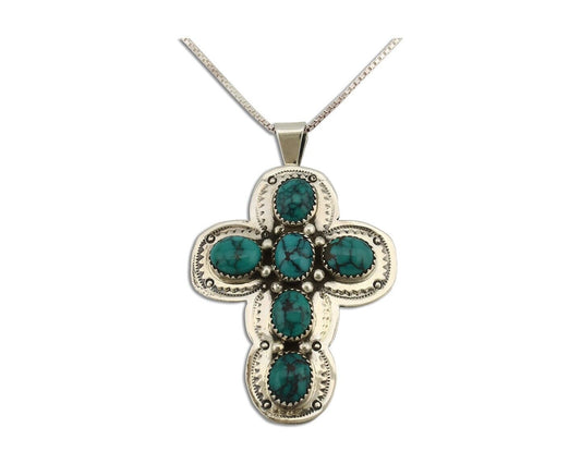 Navajo Cross Pendant 925 Silver Spiderweb Turquoise Native American Artist C80s