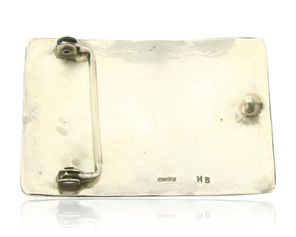 Vintage Navajo Belt Buckle 925 Silver Handmade Inlaid Gemstone Signed HB