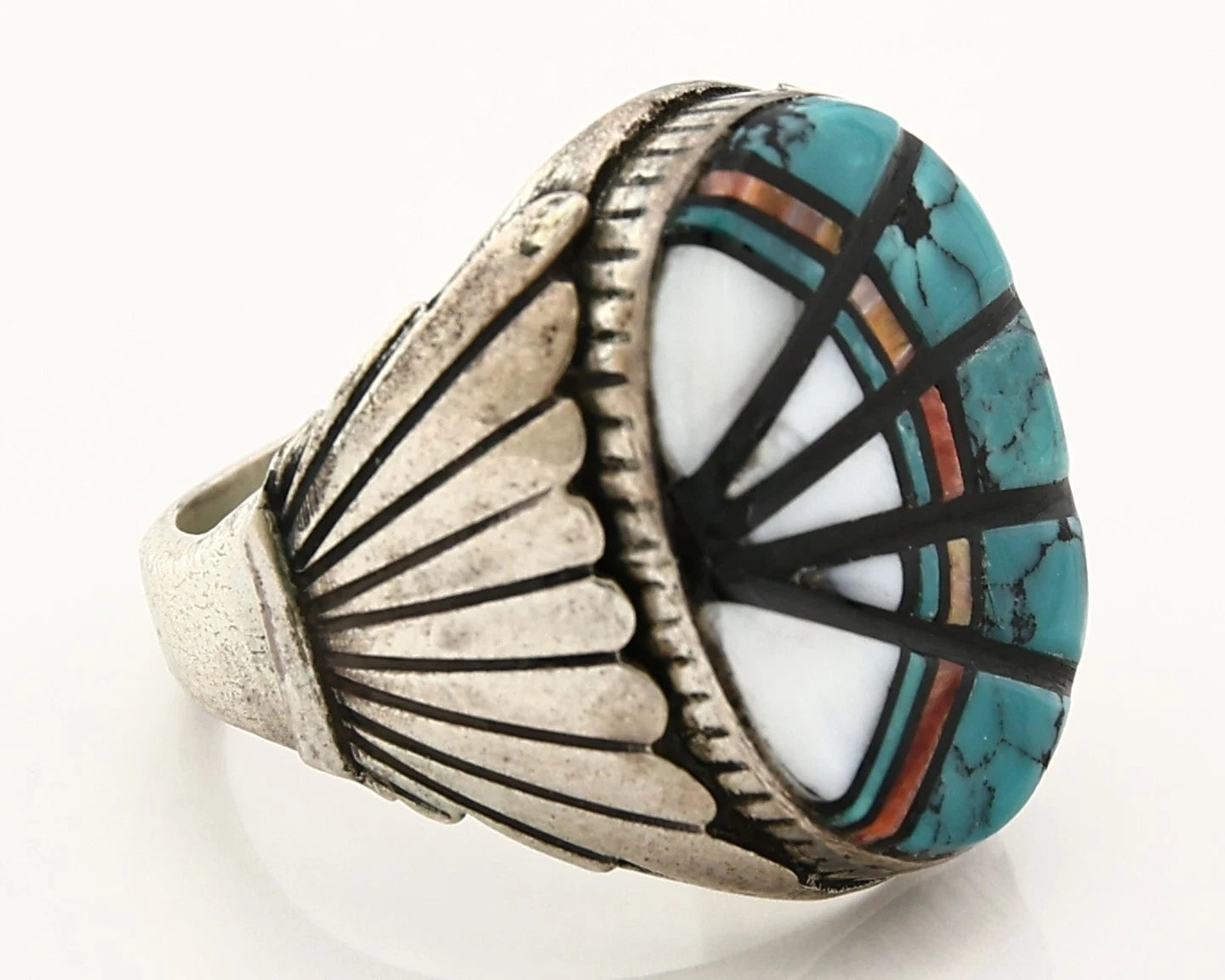 Men Zuni Ring Sterling Silver Gemstone Vintage Signed Thompson Size 11