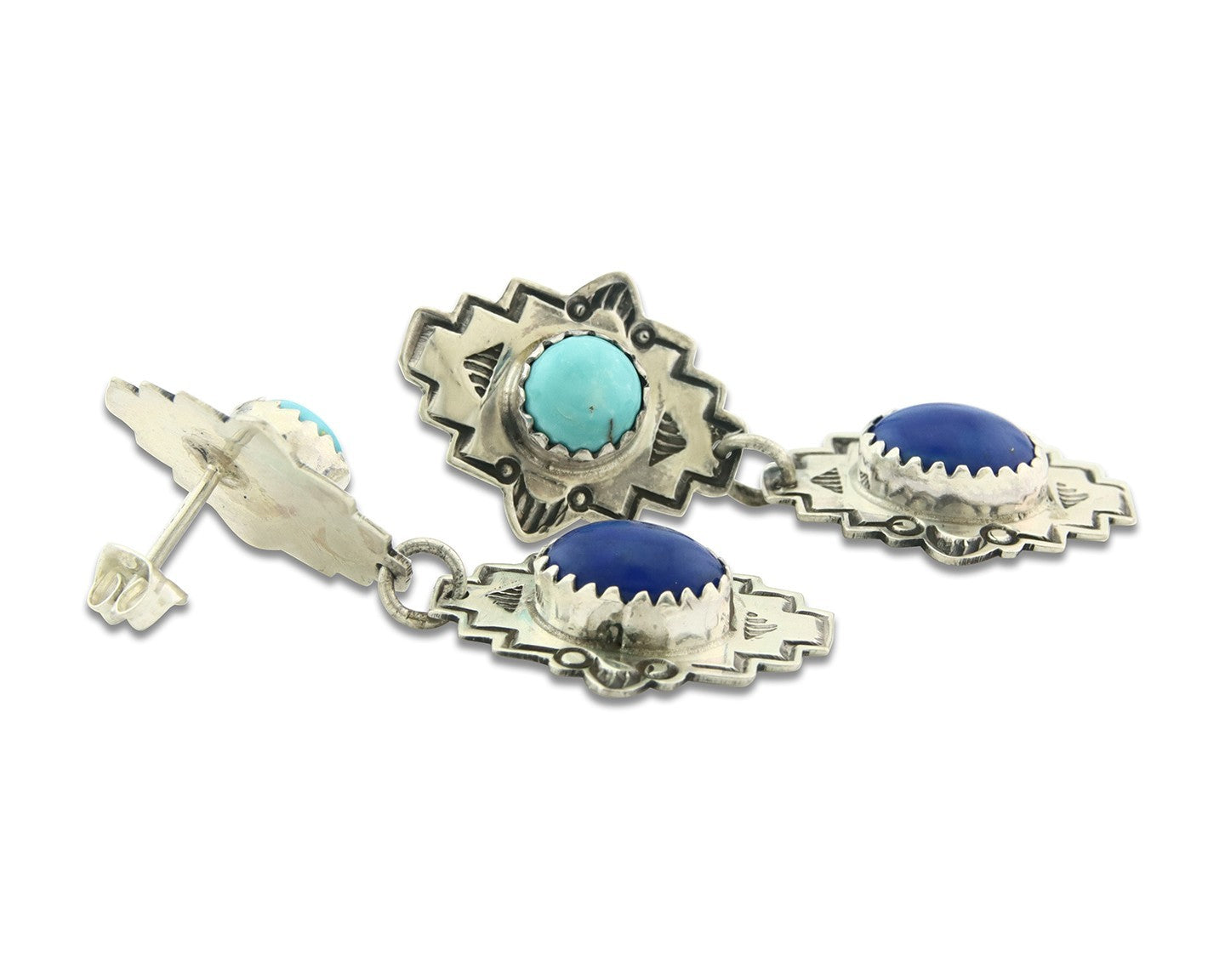 Navajo Earrings Sterling Silver Lapis & Truquoise Vintage Signed Mary Ellen