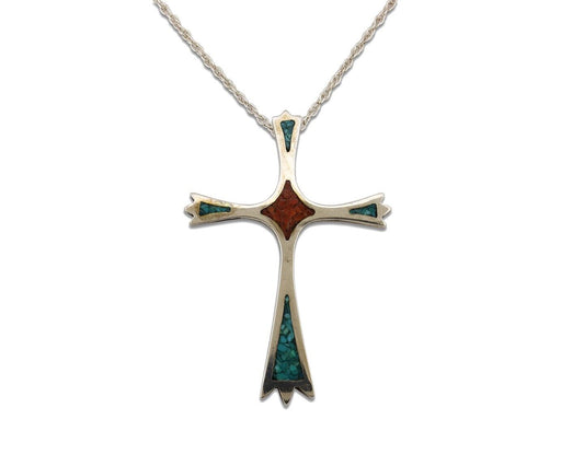 Navajo Cross Necklace 925 Silver Turquoise & Coral Native American Artist C.80's