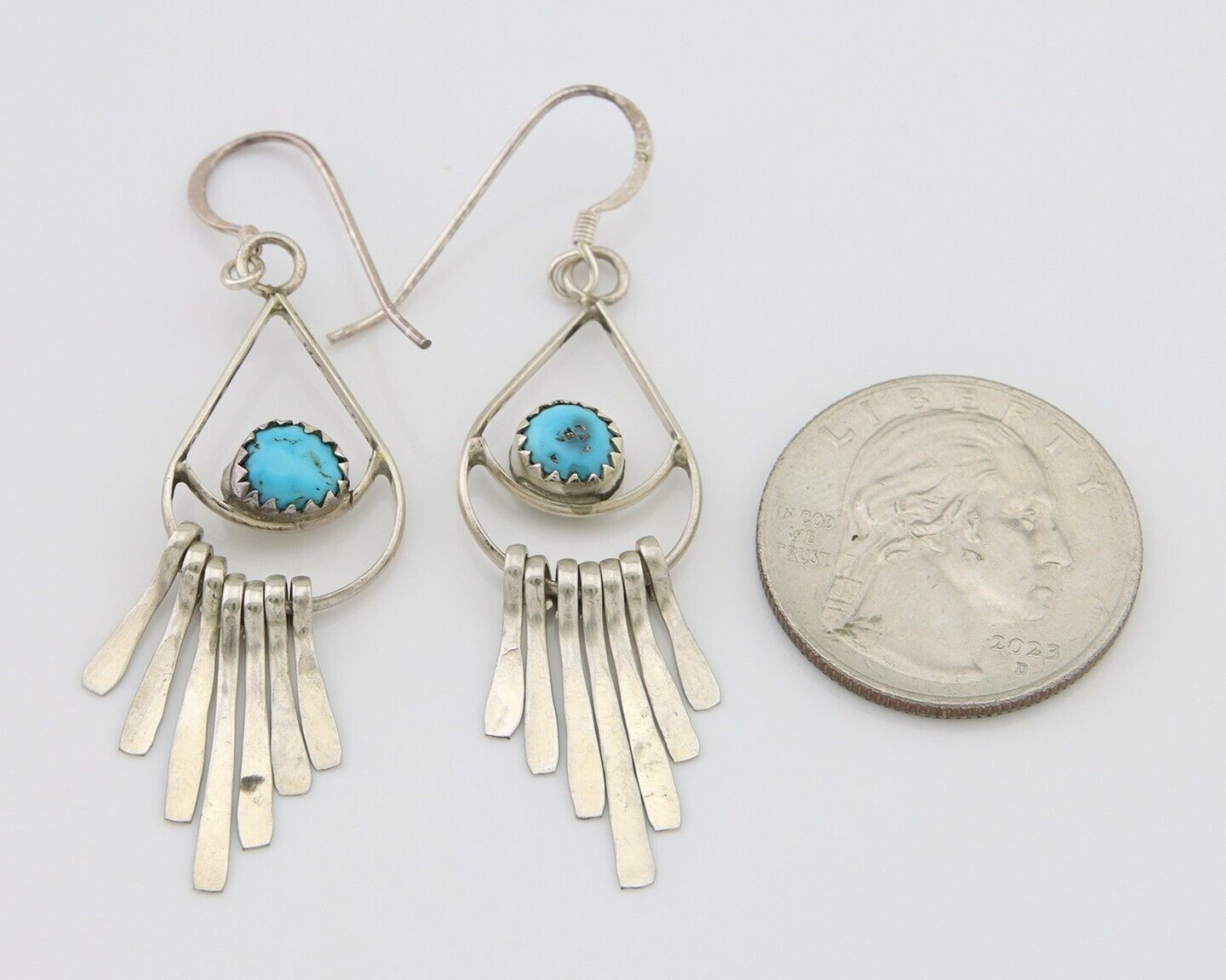 Navajo Dangle Earrings 925 Silver Natural Turquoise Artist Signed JB C.80's