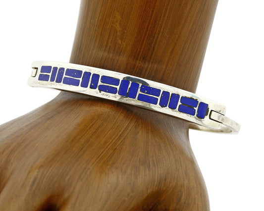 Navajo Inlaid Natural Lapis Lazuli .925 Silver Signed HM & V Bracelet