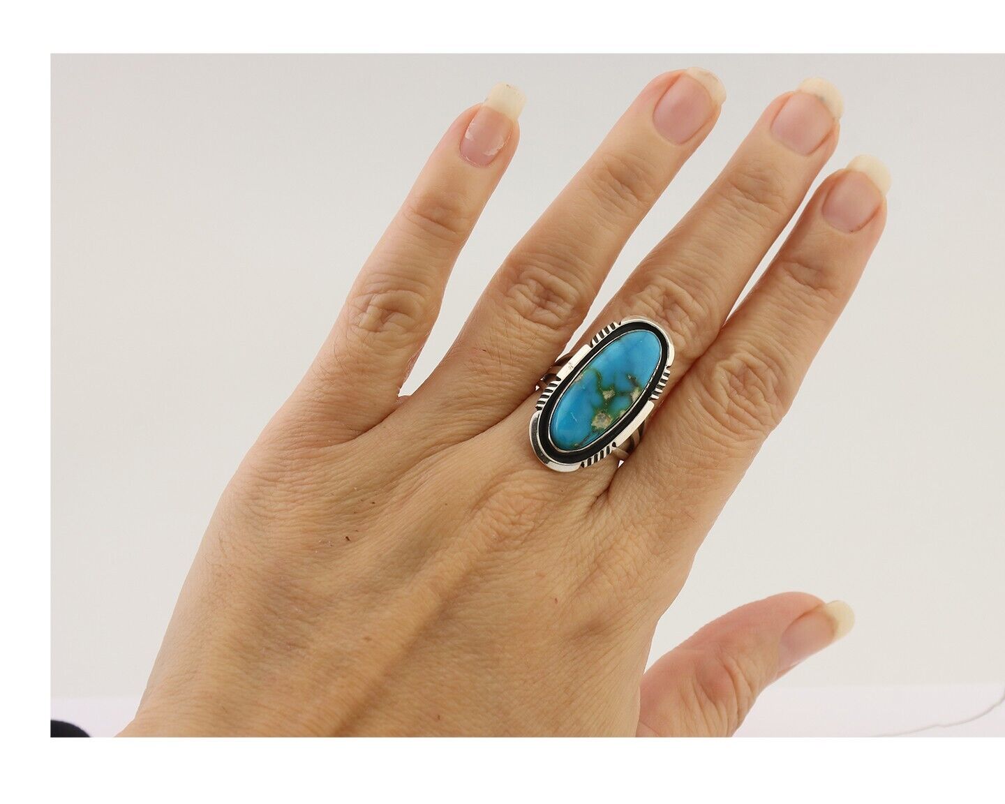 Navajo Ring 925 Silver Natural Blue Turquoise Signed USA C.80's