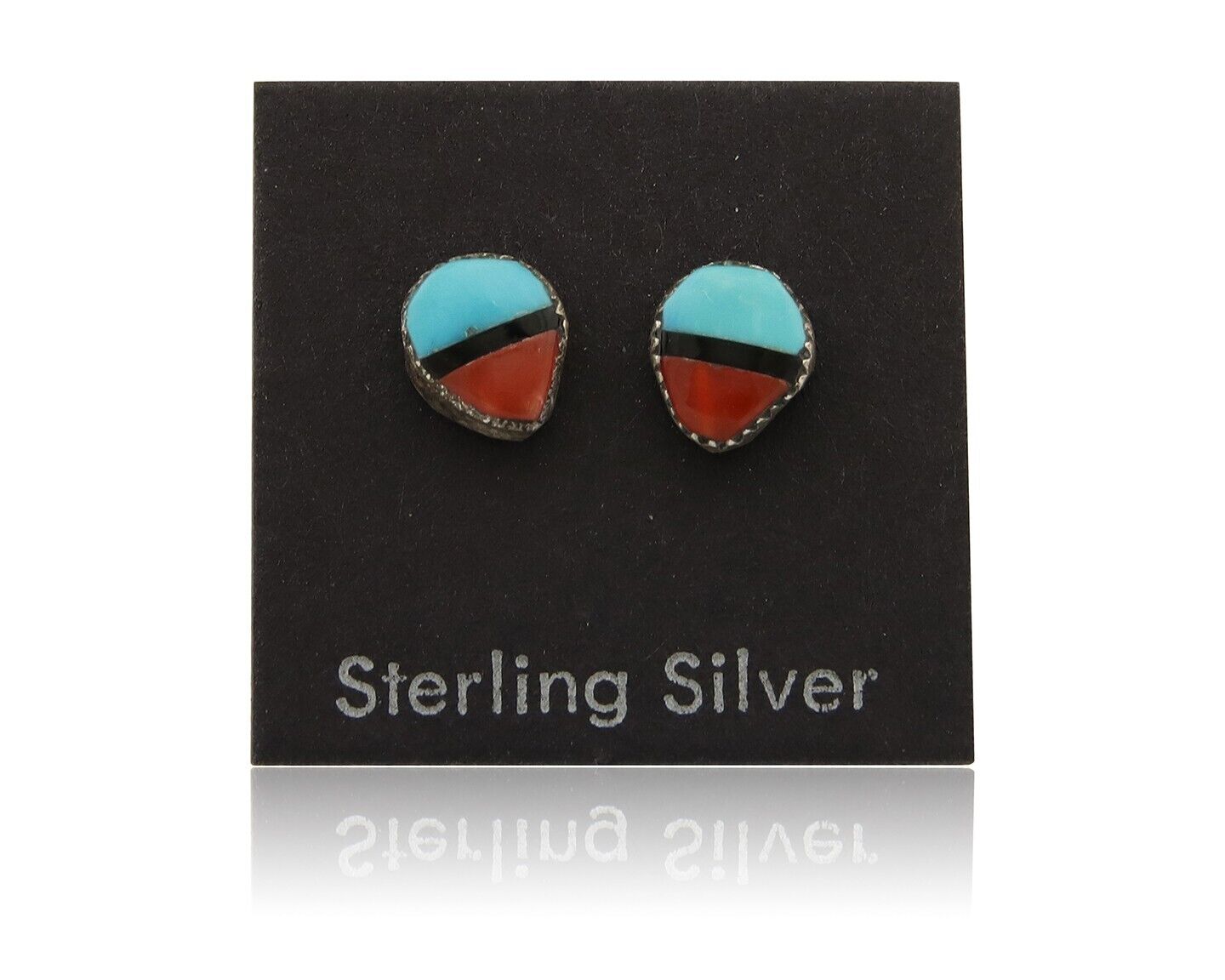 Navajo Earrings 925 Silver Inlaid Natural Onyx & Coral Native Artist C.80's