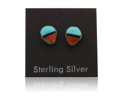 Navajo Earrings 925 Silver Inlaid Natural Onyx & Coral Native Artist C.80's