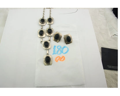 Navajo Necklace Earring Set Sterling Silver Onyx Vintage Signed Begay
