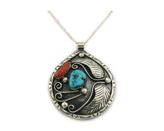 Navajo Necklace Sterling Silver Coral & Turquoise Vintage Signed Kamisha Begay
