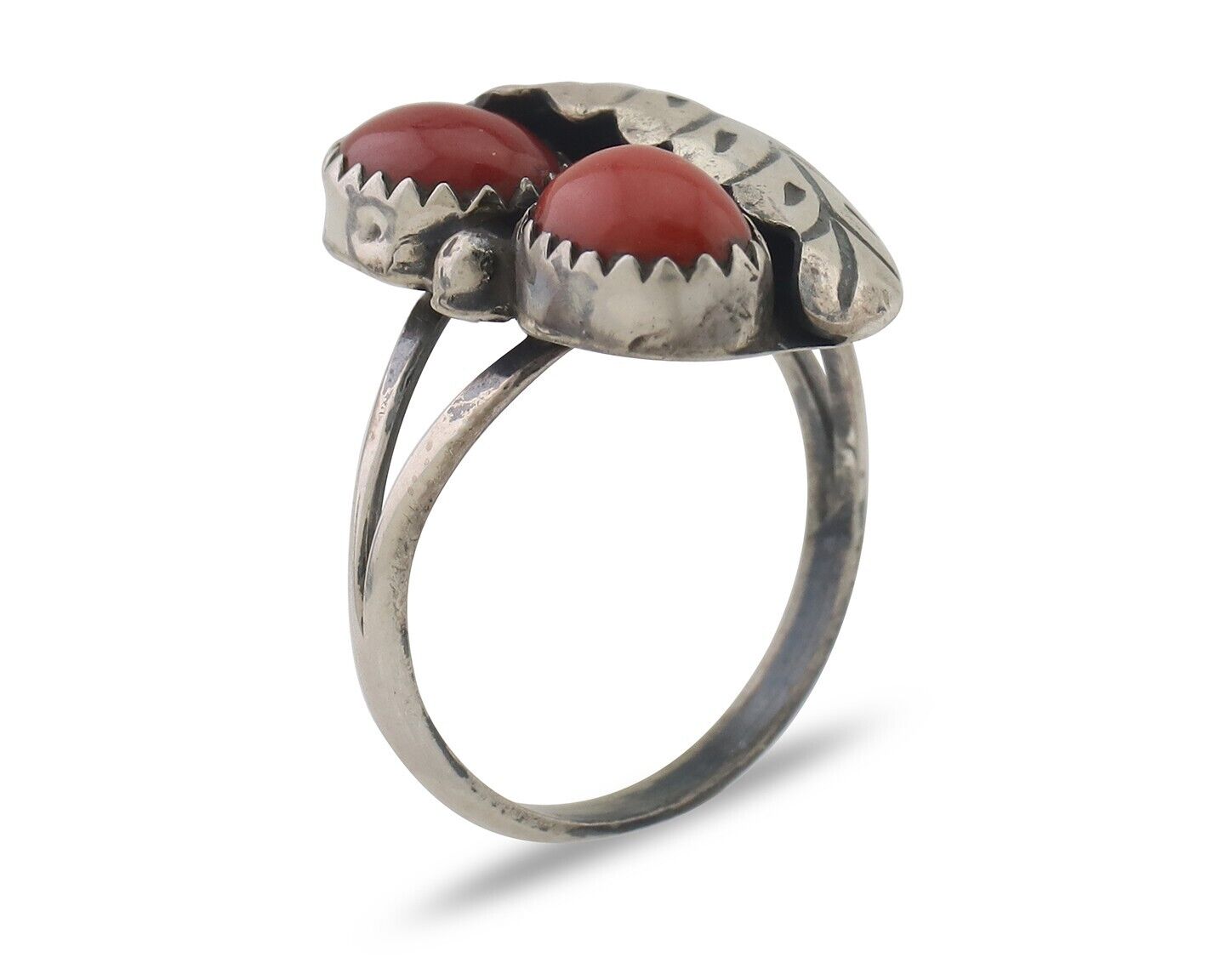 Navajo Handmade Ring 925 Silver Natural Mediterranean Coral Signed 88 C.80's