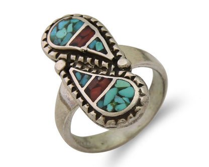 Navajo Ring 925 Silver Chip Inlay Turquoise & Coral Native Artist C.80's