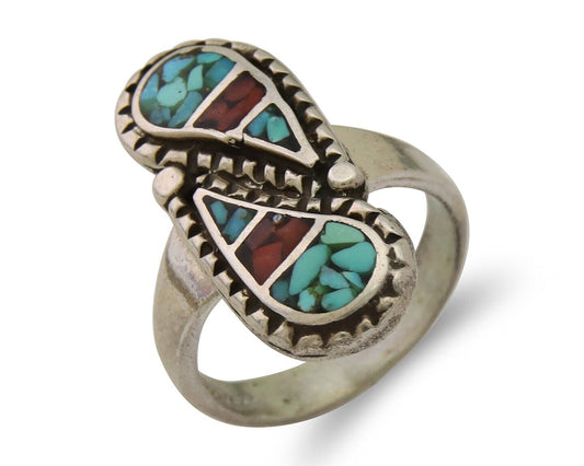 Navajo Ring 925 Silver Chip Inlay Turquoise & Coral Native Artist C.80's