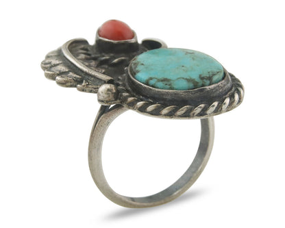 Navajo Ring 925 Sterling Natural Coral & Turquoise Native Artist C.80's Size 7.0
