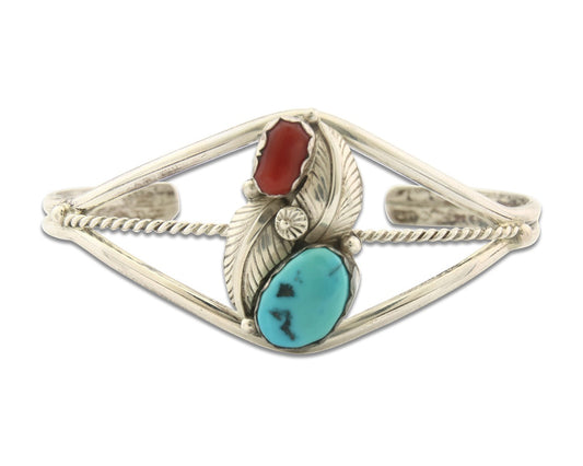 Vintage Navajo Bracelet 925 Silver Red Coral Turquoise Signed Paul J