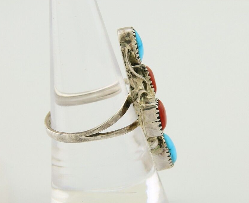 Navajo Handmade Ring 925 Silver Coral & Turquoise Native Artist C.80's