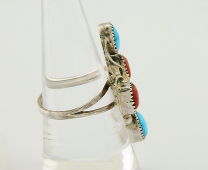 Navajo Handmade Ring 925 Silver Coral & Turquoise Native Artist C.80's