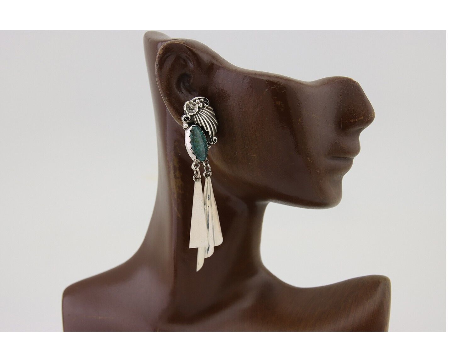 Navajo Dangle Earrings 925 Silver Natural Green Turquoise Artist Signed M.S C80s