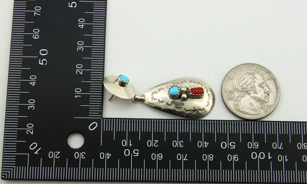 Navajo Earrings 925 Silver Turquoise & Coral Artist Signed Leeann Lee C.80's