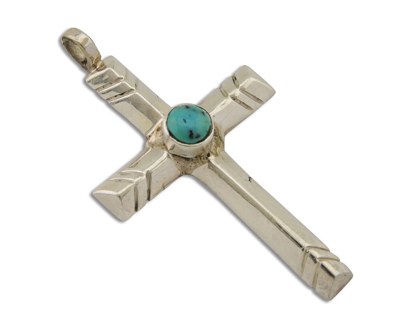 Navajo Sand Cast Cross Pendant 925 Silver Turquoise Artist Signed J Yazzie C.80s