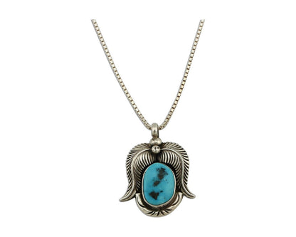 Navajo Necklace 925 Silver Natural Blue Turquoise Signed Bullhead & Feather C80s