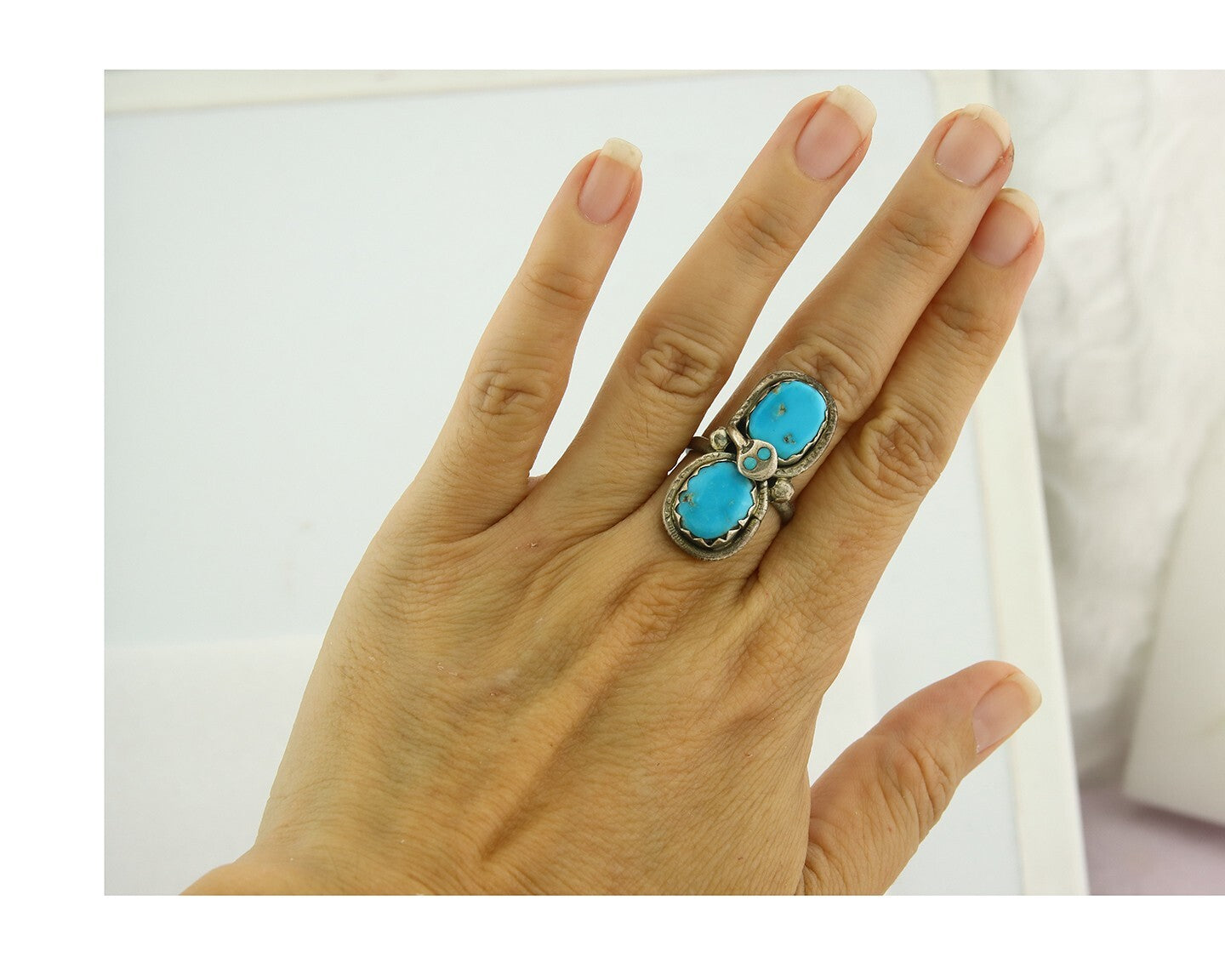Vintage Zuni Ring 925 Sterling Silver Turquoise Signed Effie C Size 6.5