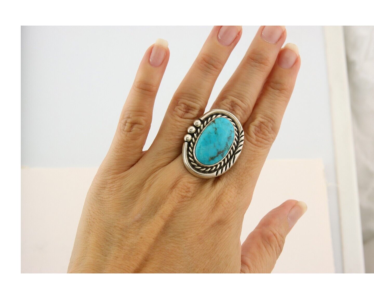 Navajo Ring 925 Sterling Natural Blue Turquoise Signed Ben S C.80's Size 6.5