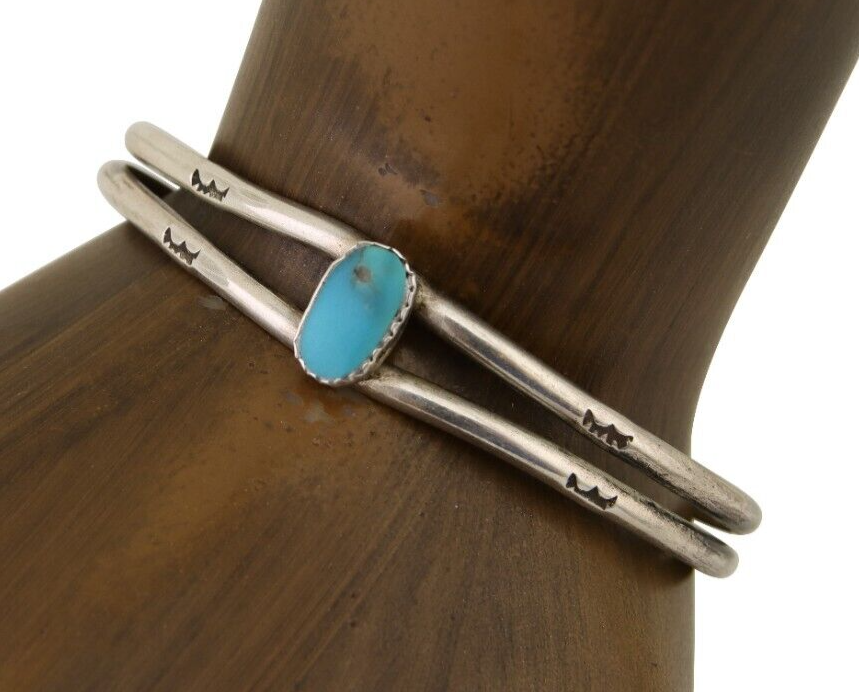 Navajo Hand Stamped Cuff Bracelet Turquoise 925 Silver Native American Artist