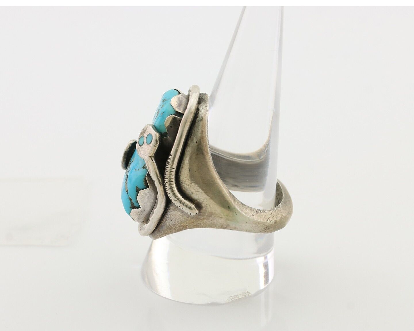 Mens Heavy Zuni Snake Ring 925 Silver Turquoise Signed EFFIE CALAVASA C.80's