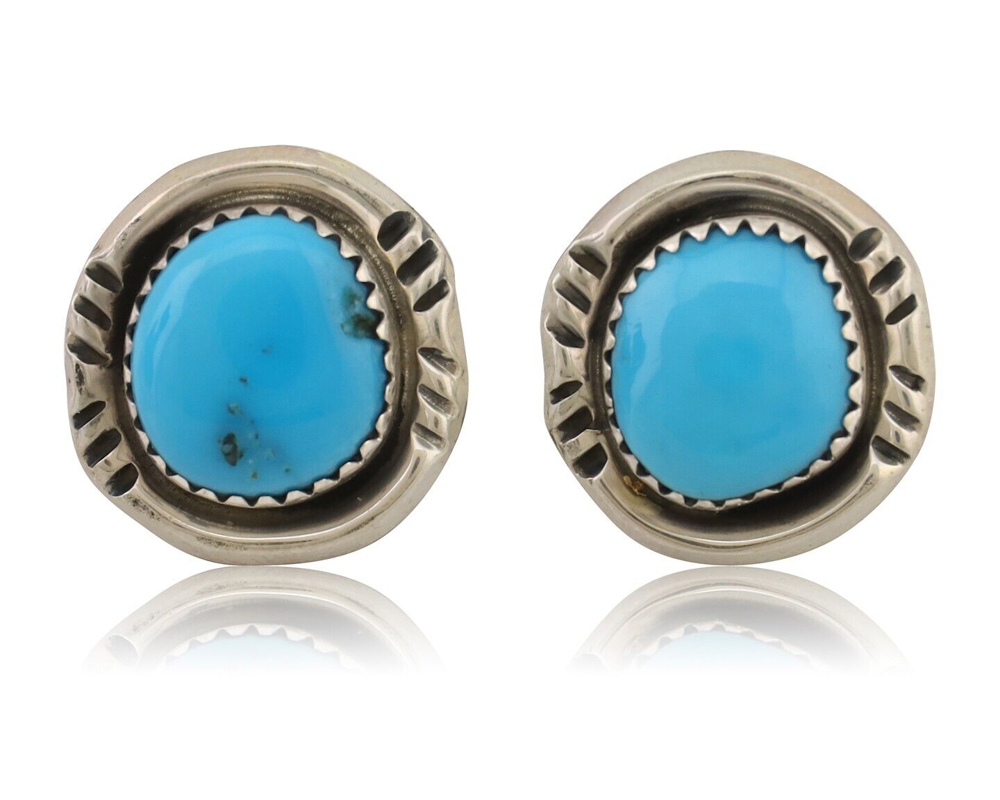 Navajo Earrings 925 Silver Natural Blue Turquoise Native American Artist C.80s