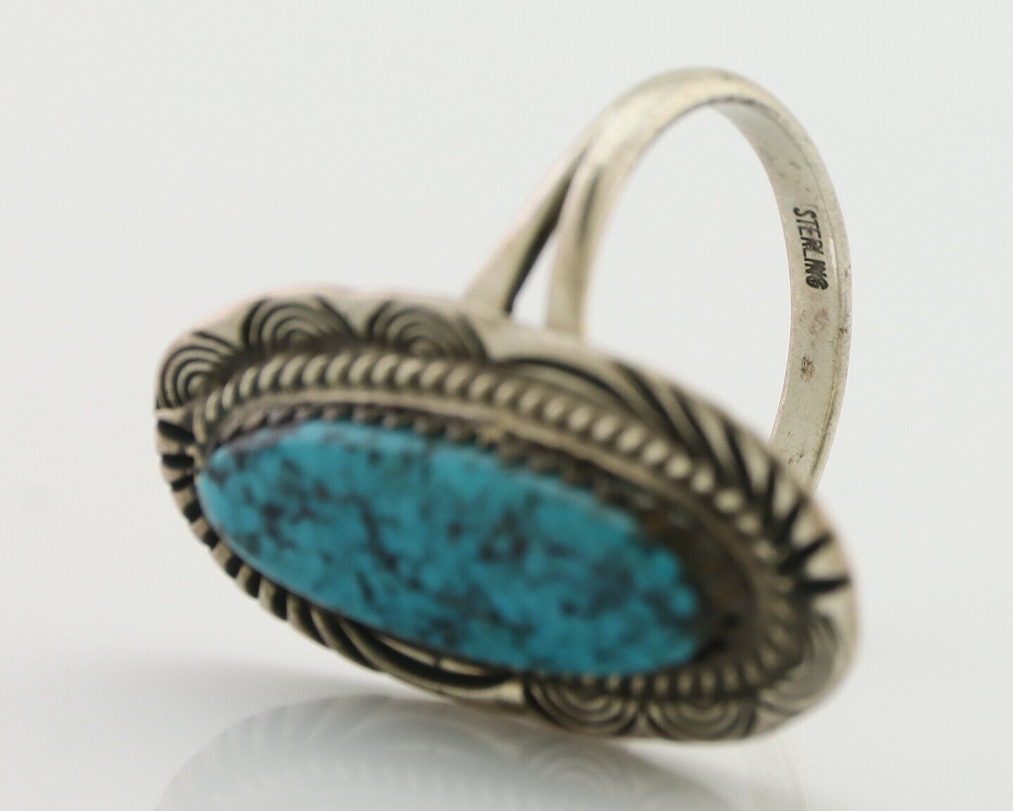 Navajo Ring 925 Silver Natural Spiderweb Turquoise Native American Artist C.80's