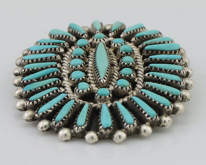 Zuni Pendant Pin 925 Silver Natural Turquoise Signed Judy Wallace C.80's