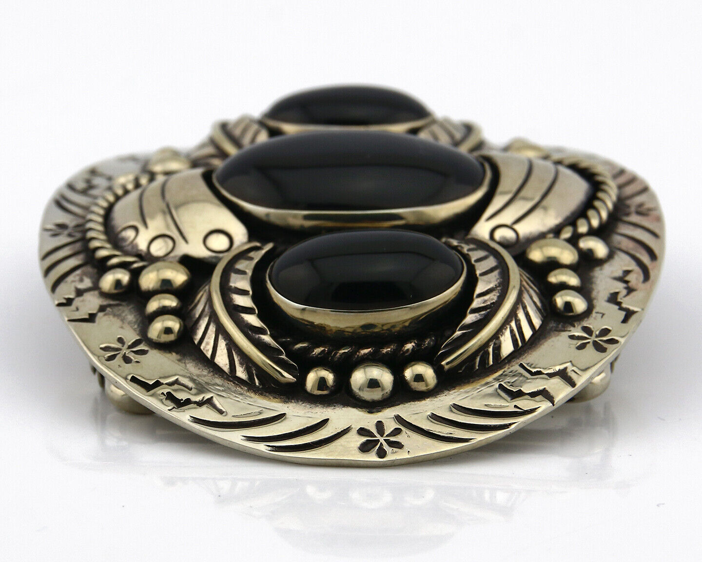 Navajo Handmade Belt Buckle .999 Nickle Silver Onyx Artist Signed Tipi C.80's