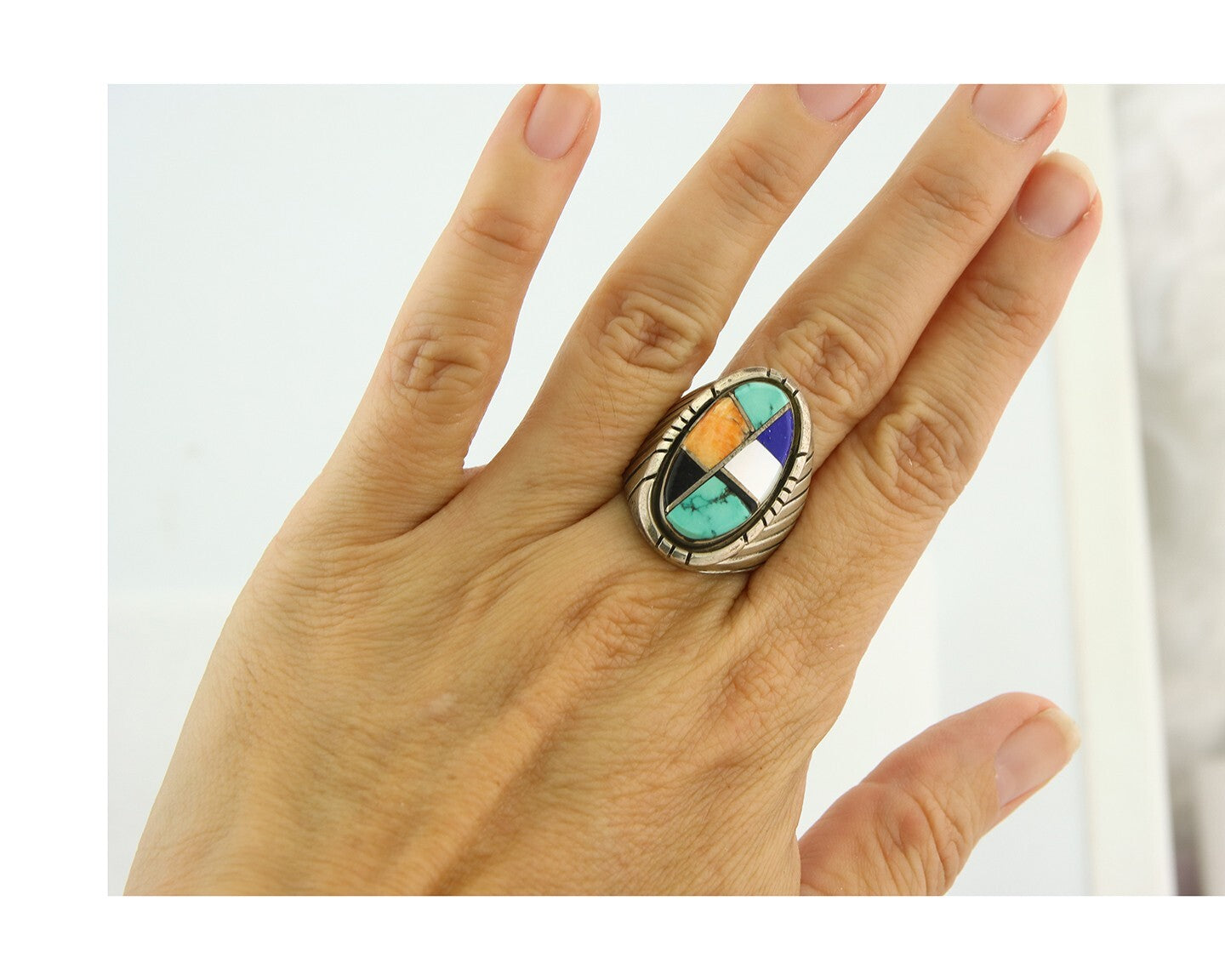 Vintage Zuni Ring 925 Sterling Authentic Natural Gemstone Signed MC Size 8.75