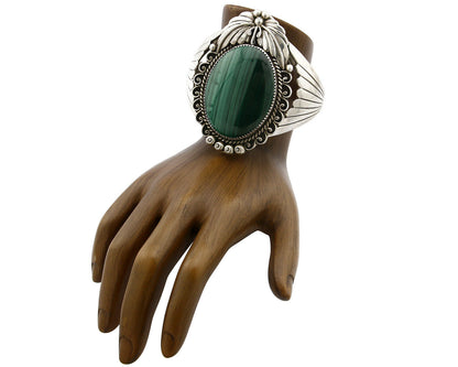 Navajo Bracelet .925 Silver Natural Mined Malachite Signed C. ATENCIO C.80's