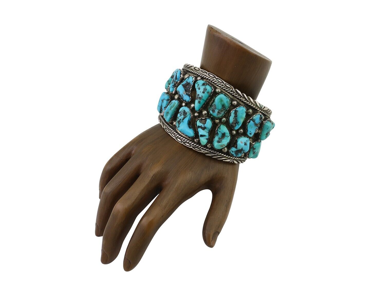 Men Navajo Cuff Bracelet 925 Silver Blue Hand Cut Turquoise Native Artist C.80's