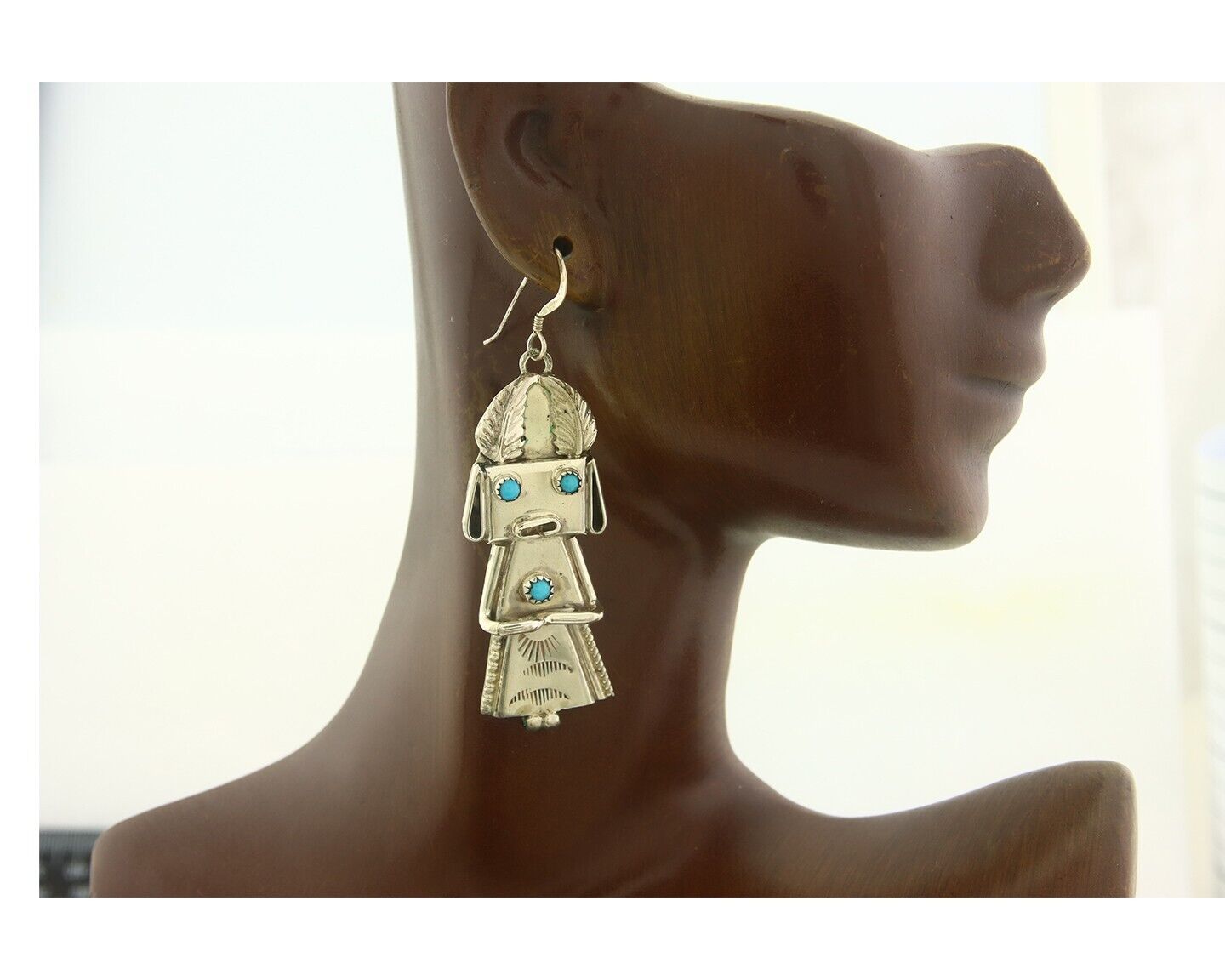 Navajo Earrings 925 Silver Kachina Natural Turquoise Signed Frank Yazzie C.80's