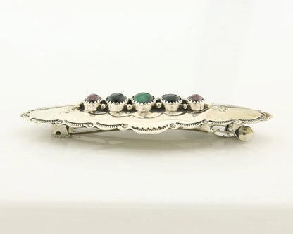 Navajo Barrette Sterling Silver Gemstones Hand Stamped Vintage Signed C/J NEZ