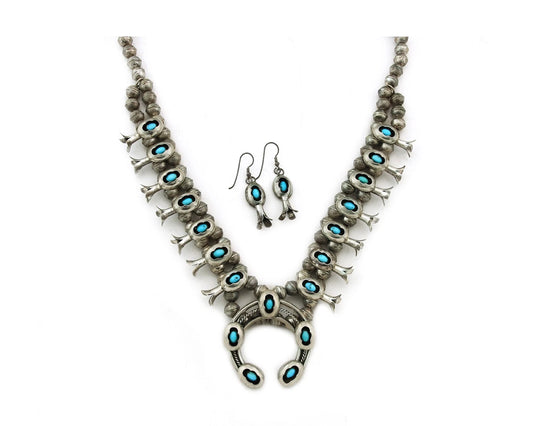 Navajo Squash Necklace Set Sterling Silver Turquoise Vintage Signed Ray Begay