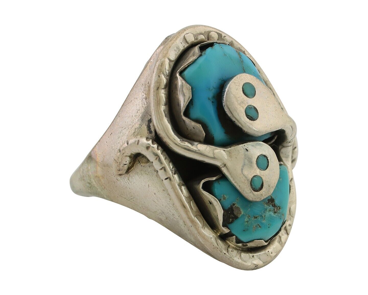 Mens Heavy Zuni Snake Ring 925 Silver Turquoise Signed EFFIE CALAVASA C.80's