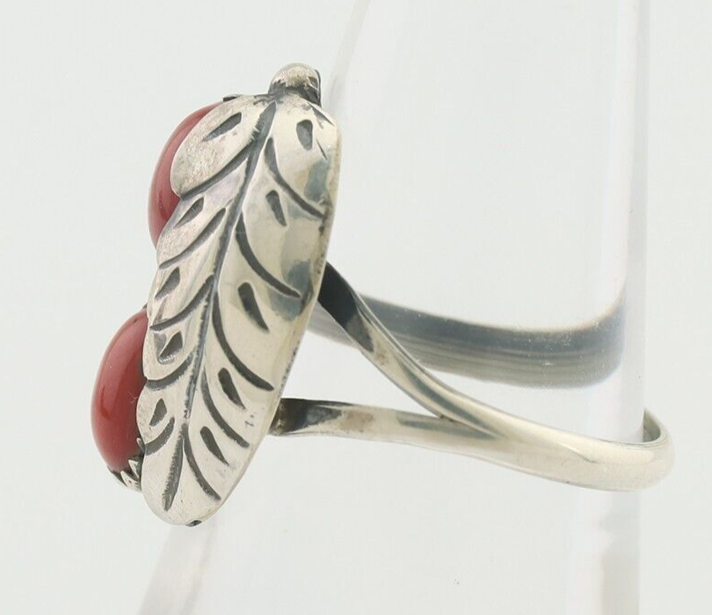 Navajo Handmade Ring 925 Silver Natural Mediterranean Coral Signed 88 C.80's