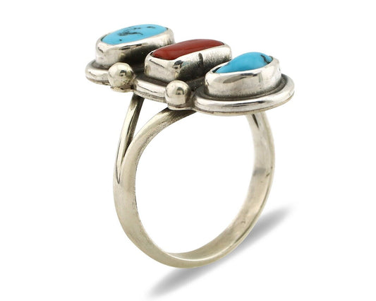 Navajo Ring 925 Silver Sleeping B Turquoise & Coral Native American Artist C.80s