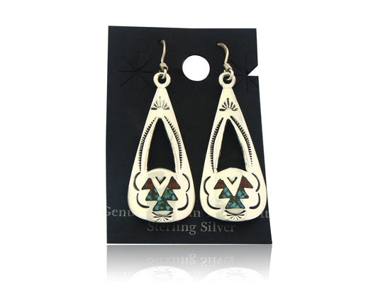 Navajo Earrings Sterling Silver Coral & Turquoise Vintage Dangle Handmade