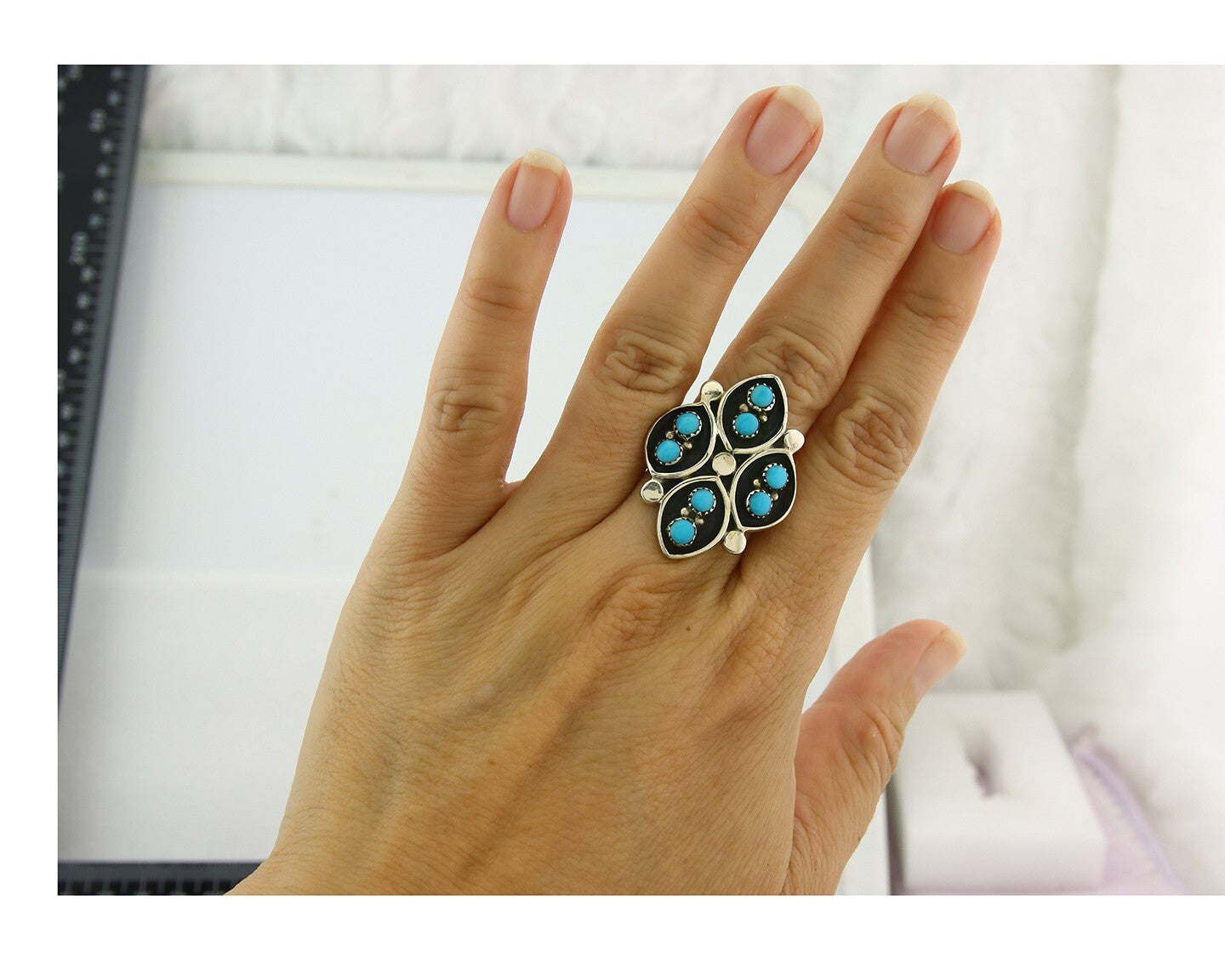 Vintage Zuni Ring 925 Sterling Authentic Natural Turquoise Native Artist Sz 7.75