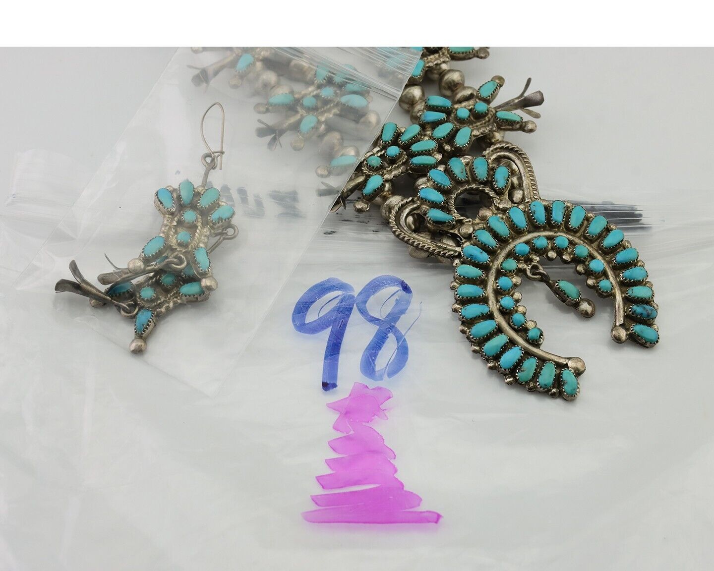 Zuni Squash Necklace 925 Silver Turquoise Signed Leonard & Lula Weebothee 1981