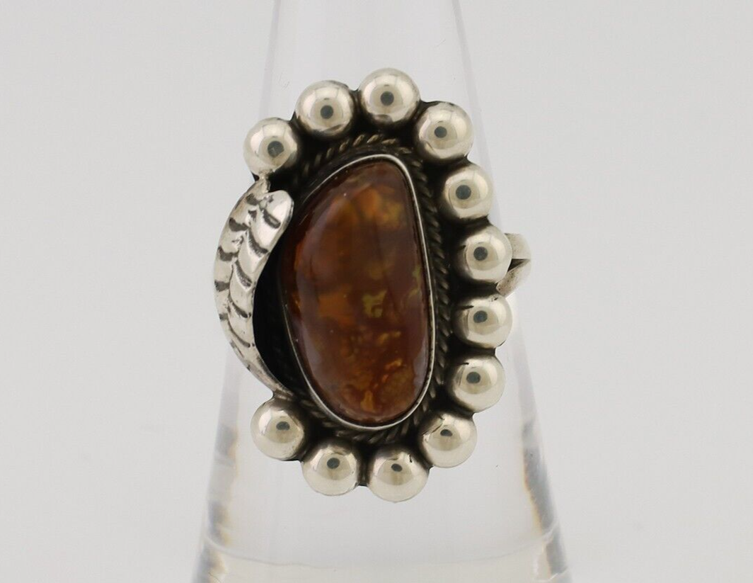 Navajo Handmade Ring 925 Silver Natural Fire Opal Native Artist Size 7.5 C.80's