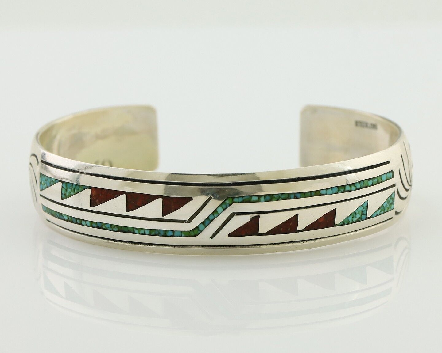 Navajo Inlay Bracelet 925 Silver Turquoise & Coral Signed Stanely Bain C.80's