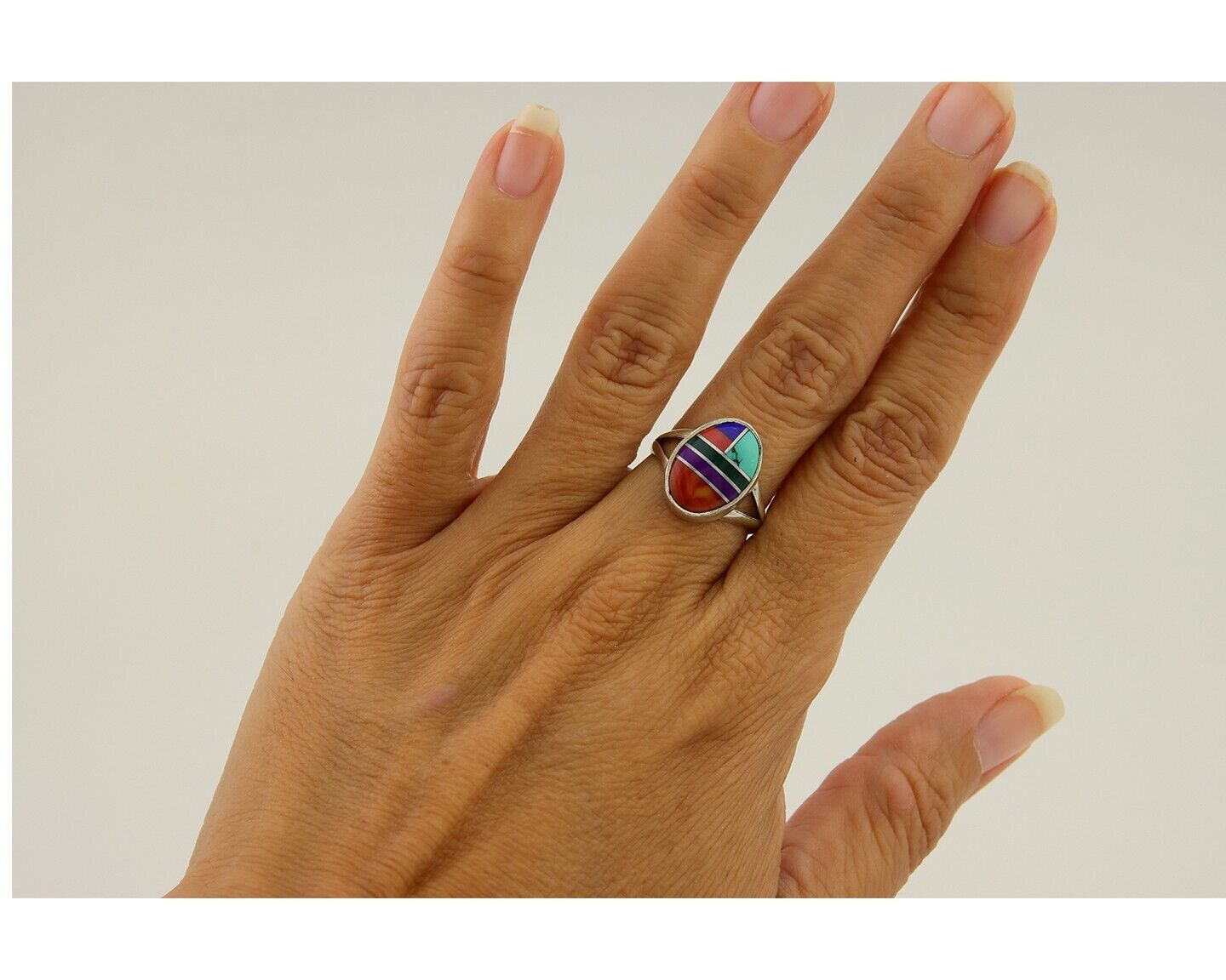 Navajo Ring 925 Sterling Silver Natural Gemstones Artist Signed Sunrise C.80's